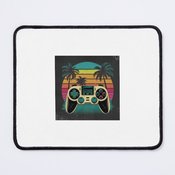 Item preview, “retro gaming controller with 80s sunset background, neon colors, palm trees, vaporwave style, vintage design, distressed texture, t-shirt graphic, high resolution” designed and sold by piyushpr7.