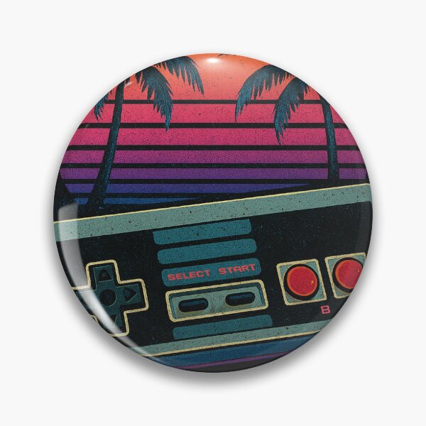 Item preview, “retro gaming controller with 80s sunset background, neon colors, palm trees, vaporwave style, vintage design, distressed texture, t-shirt graphic, high resolution” designed and sold by piyushpr7.