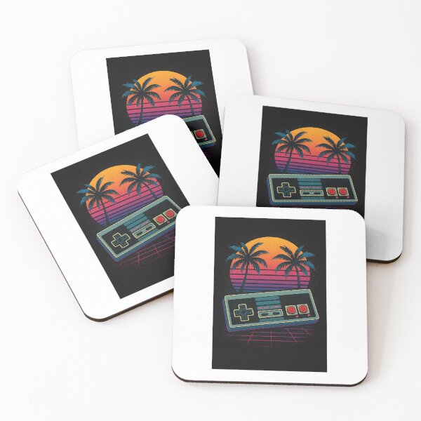 Item preview, “retro gaming controller with 80s sunset background, neon colors, palm trees, vaporwave style, vintage design, distressed texture, t-shirt graphic, high resolution” designed and sold by piyushpr7.
