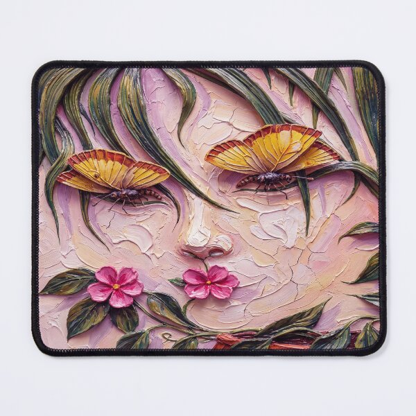 Item preview, Vivid 3D Textured Surrealist Portrait Featuring Butterfly Eyelashes and Palm Frond Hair in Gallery Setting designed and sold by ARTCREATESHOP.