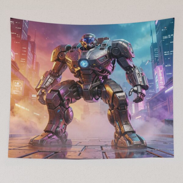 Item preview, Futuristic Cyberpunk Robot Warrior emerging from Neon City Lights designed and sold by FotoworldEdel.