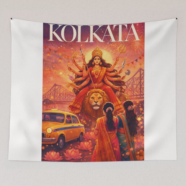 Item preview, Kolkata Howrah Bridge Durga Puja Festival Hooghly River Skyline designed and sold by Places On Earth.