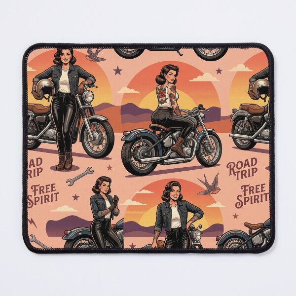 Item preview, Rockabilly Biker Girl Seamless Pattern | Retro Sunset Illustration designed and sold by OpenDreamArts.