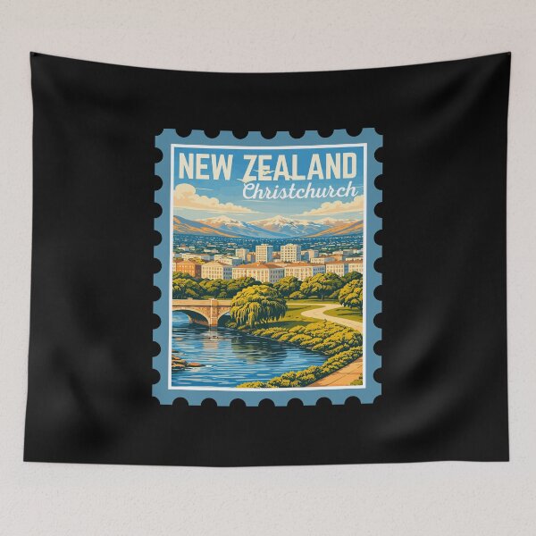 Item preview, Christchurch in New Zealand, Vintage Travel Stamp Illustration designed and sold by MaateoDesign.