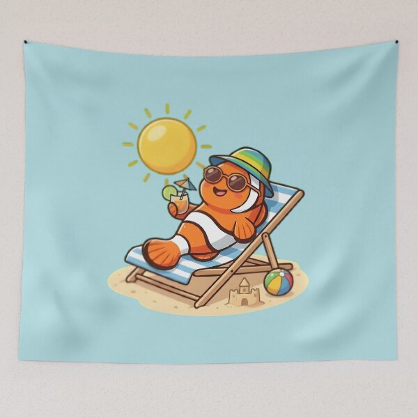 Item preview, Kawaii Clownfish Relaxing on Beach - Summer Sunbath Cartoon designed and sold by WalterAdd.