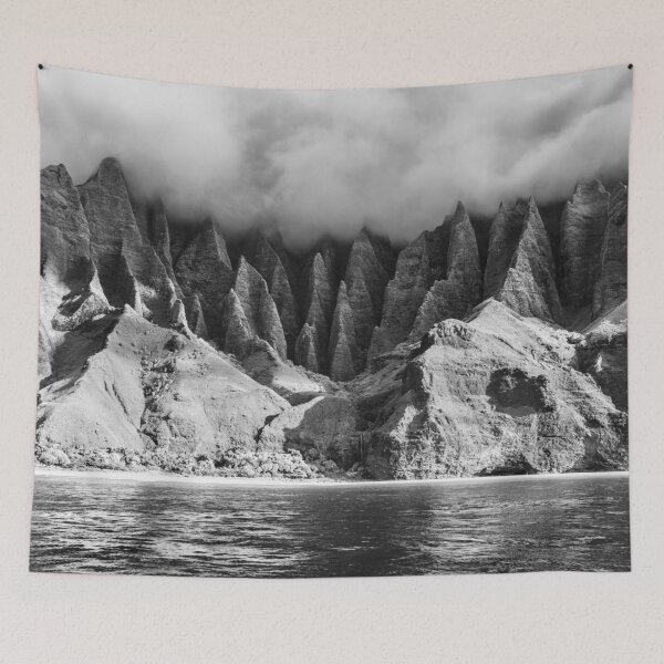 Item preview, Nā Pali Coast, Kalalau Valley, Kauai, Hawaii coastal sunrise black and white photographic art print designed and sold by Astrid Arkhangelsky.