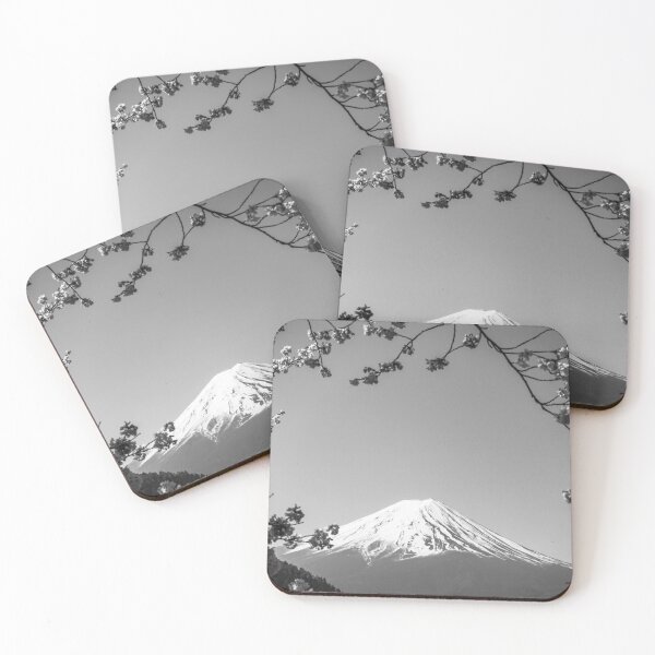 Item preview, Blooming pink cherry blossoms, Mount Fuji, Japan landscape black and white photographic art print designed and sold by Astrid Arkhangelsky.