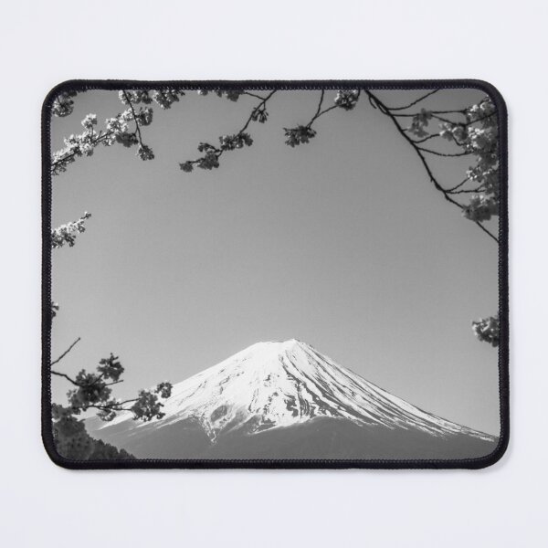 Item preview, Blooming pink cherry blossoms, Mount Fuji, Japan landscape black and white photographic art print designed and sold by Astrid Arkhangelsky.