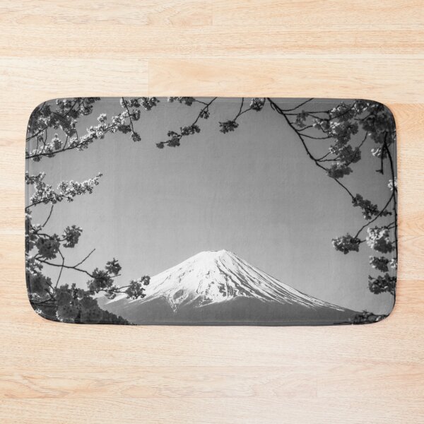 Item preview, Blooming pink cherry blossoms, Mount Fuji, Japan landscape black and white photographic art print designed and sold by Astrid Arkhangelsky.