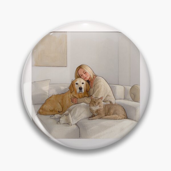 Item preview, Quiet Embrace – Woman, Golden Retriever & Cat in Minimalist Serenity designed and sold by Helios Be. Lavsh.