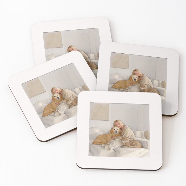 Item preview, Quiet Embrace – Woman, Golden Retriever & Cat in Minimalist Serenity designed and sold by Helios Be. Lavsh.