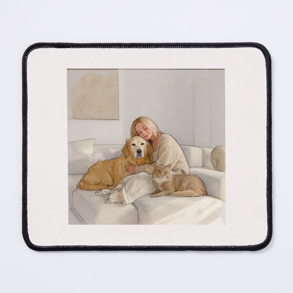 Item preview, Quiet Embrace – Woman, Golden Retriever & Cat in Minimalist Serenity designed and sold by Helios Be. Lavsh.