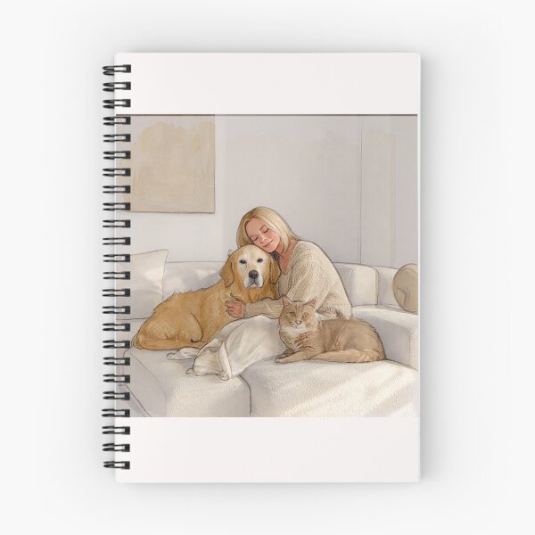 Item preview, Quiet Embrace – Woman, Golden Retriever & Cat in Minimalist Serenity designed and sold by Helios Be. Lavsh.