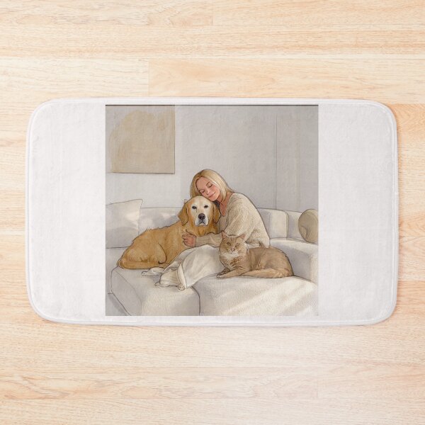 Item preview, Quiet Embrace – Woman, Golden Retriever & Cat in Minimalist Serenity designed and sold by Helios Be. Lavsh.