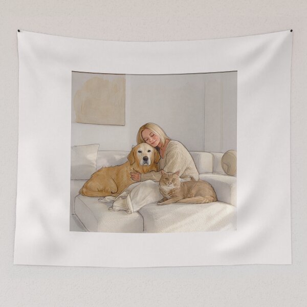 Item preview, Quiet Embrace – Woman, Golden Retriever & Cat in Minimalist Serenity designed and sold by Helios Be. Lavsh.