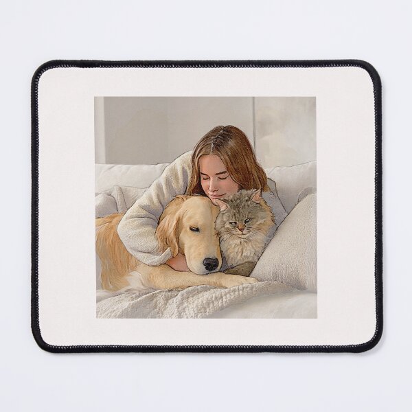 Item preview, Quiet Embrace – Woman, Golden Retriever & Cat in Minimalist Serenity #1 designed and sold by Helios Be. Lavsh.