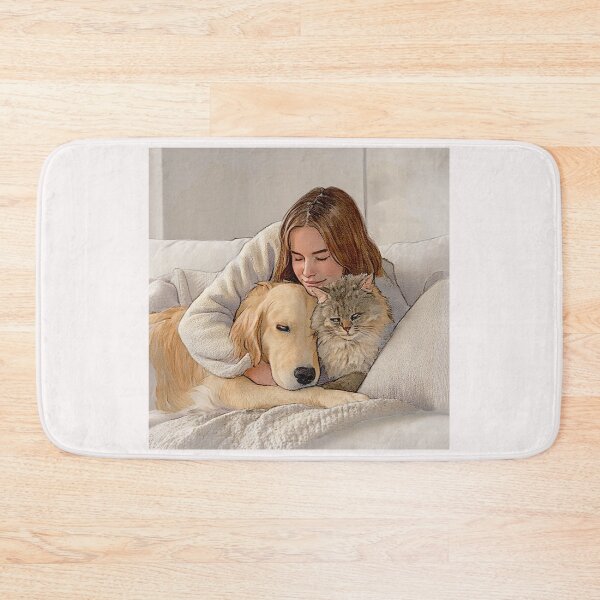 Item preview, Quiet Embrace – Woman, Golden Retriever & Cat in Minimalist Serenity #1 designed and sold by Helios Be. Lavsh.