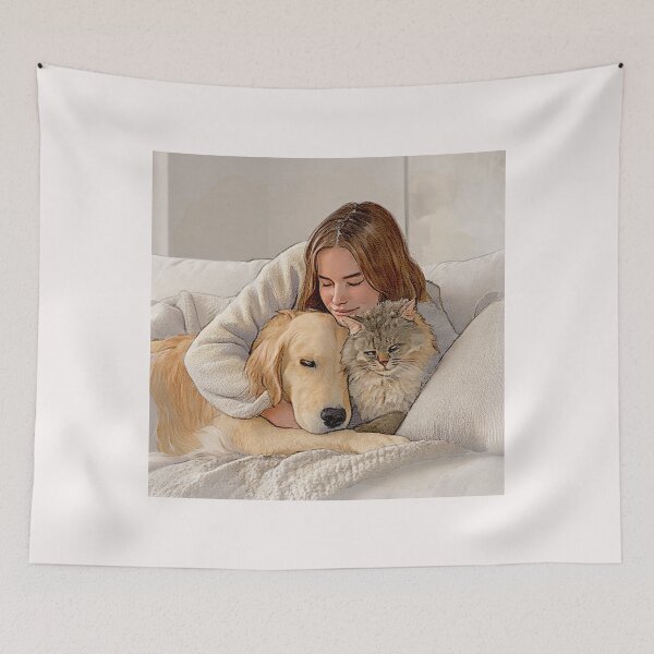 Item preview, Quiet Embrace – Woman, Golden Retriever & Cat in Minimalist Serenity #1 designed and sold by Helios Be. Lavsh.