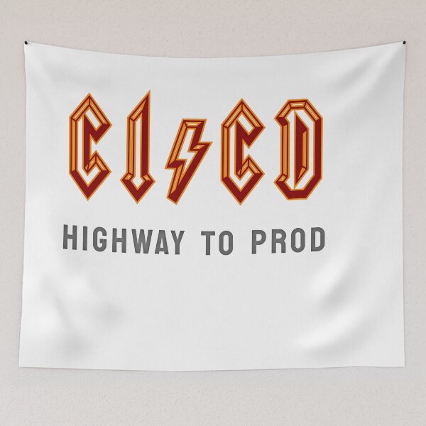 Item preview, CICD Highway to Prod - DevOps - ACDC Rockstar Devops Tshirt Red on Black designed and sold by VandoorLabs.