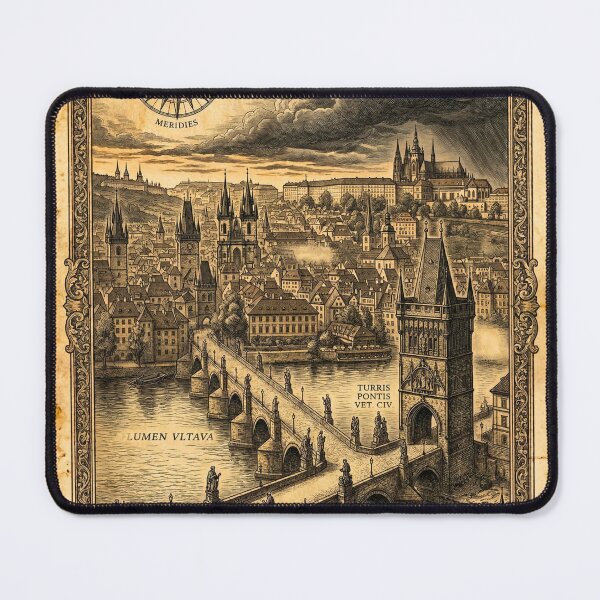 Item preview, gothic Prague art – Charles Bridge Vintage Map Engraving Poster designed and sold by The Arcane Archives.