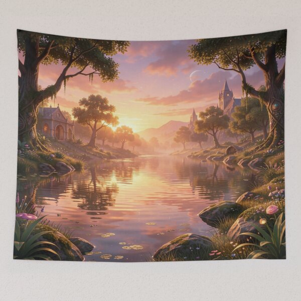 Item preview, Mystic Sunset Atmosphere – Fantasy River Scene with Golden Light and Dreamlike Architecture designed and sold by FotoworldEdel.