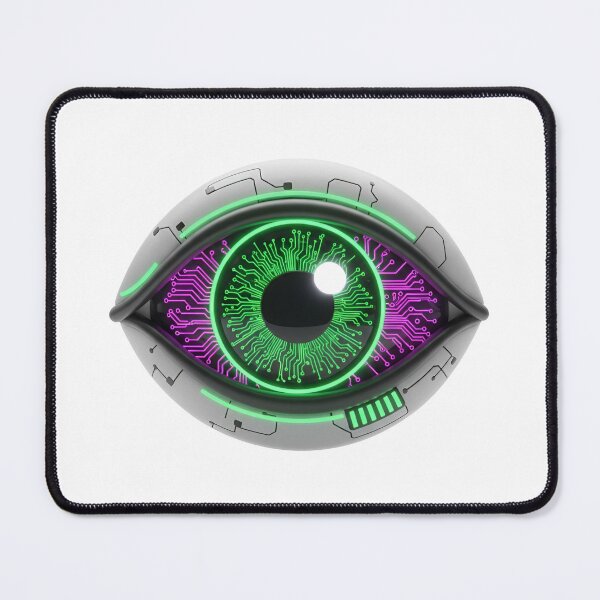Item preview, Close-up of a cybernetic eye with glowing green iris and purple circuit board details. designed and sold by VerizalShop.