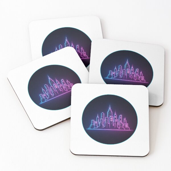Item preview, neon-lit skyscrapers in a circular frame on a black background designed and sold by VerizalShop.