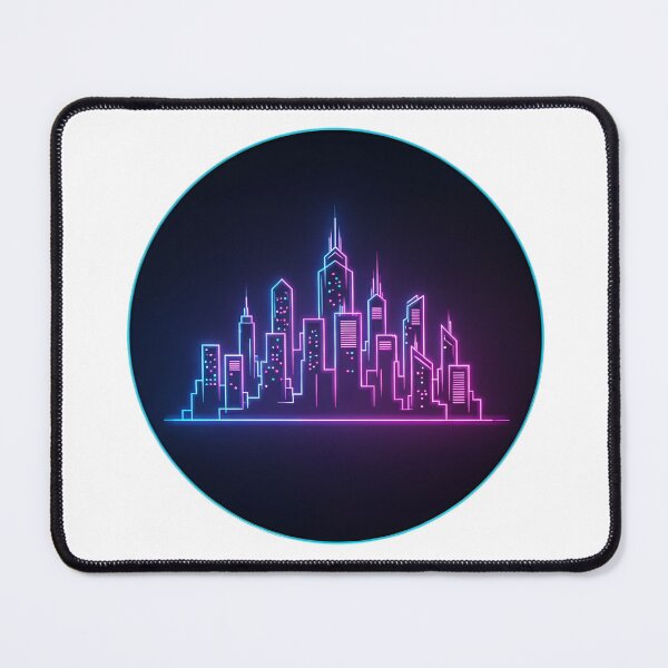 Item preview, neon-lit skyscrapers in a circular frame on a black background designed and sold by VerizalShop.