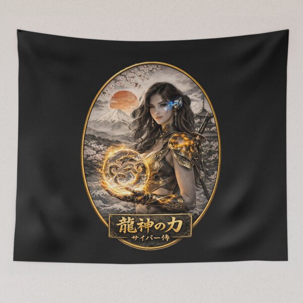 Item preview, Dragon Spirit Power – Cyber Samurai Woman with Golden Dragon Orb, Mount Fuji Japan Art designed and sold by Dragon-Samurai.