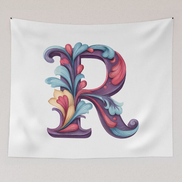 Aperçu de l'œuvre Lettre R ornée de fleurs - Illustration florale vibrante de l'alphabet botanique créée et vendue par DesignArtist.ia.