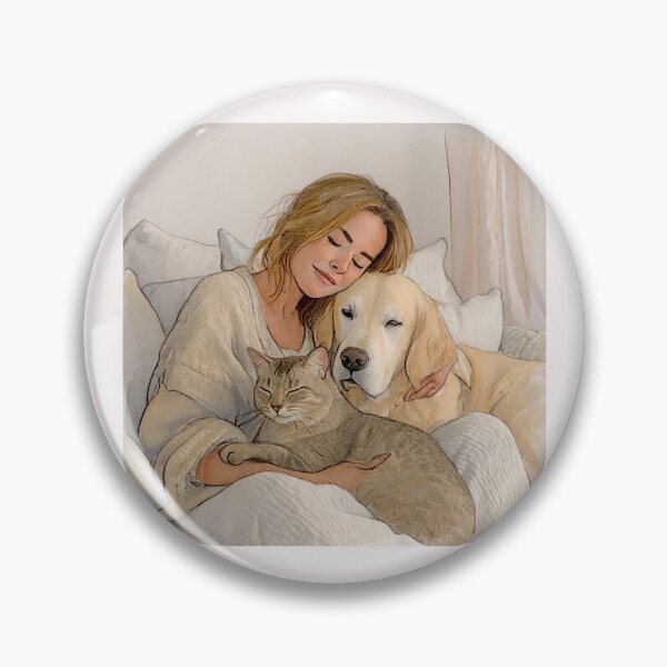 Item preview, Quiet Embrace – Woman, Golden Retriever & Cat in Minimalist Serenity #2 designed and sold by Helios Be. Lavsh.