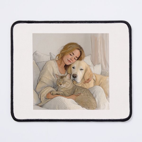 Item preview, Quiet Embrace – Woman, Golden Retriever & Cat in Minimalist Serenity #2 designed and sold by Helios Be. Lavsh.