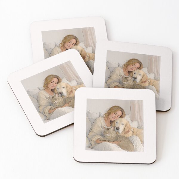 Item preview, Quiet Embrace – Woman, Golden Retriever & Cat in Minimalist Serenity #2 designed and sold by Helios Be. Lavsh.