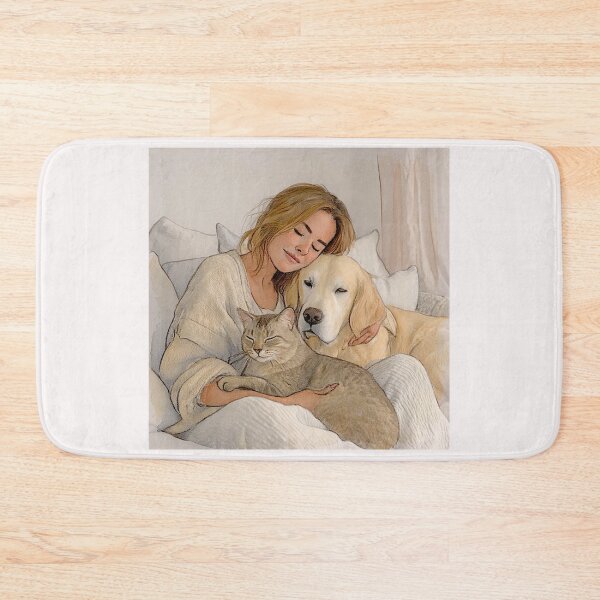 Item preview, Quiet Embrace – Woman, Golden Retriever & Cat in Minimalist Serenity #2 designed and sold by Helios Be. Lavsh.