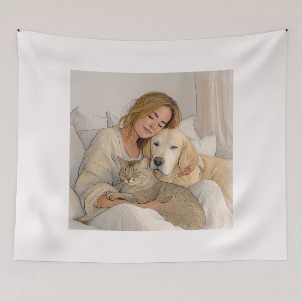 Item preview, Quiet Embrace – Woman, Golden Retriever & Cat in Minimalist Serenity #2 designed and sold by Helios Be. Lavsh.