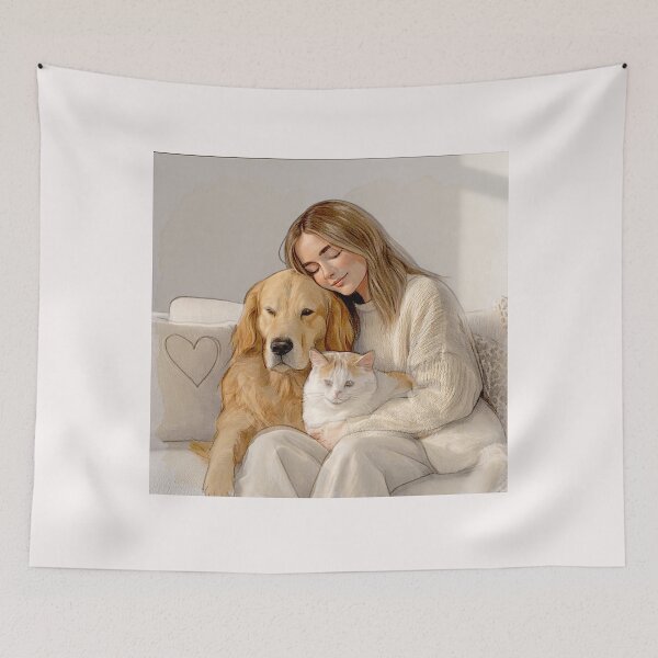Item preview, Quiet Embrace – Woman, Golden Retriever & Cat in Minimalist Serenity #3 designed and sold by Helios Be. Lavsh.