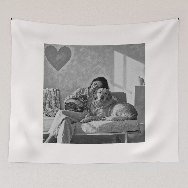 Item preview, Quiet Embrace – Woman, Golden Retriever & Cat in Minimalist Serenity #4 designed and sold by Helios Be. Lavsh.
