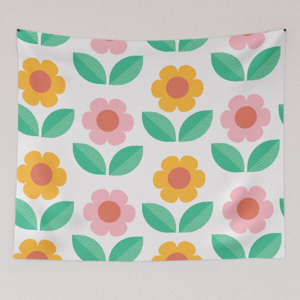 Item preview, Mid mod orange and pink flowers with jade green leaves designed and sold by Yasminepatterns .
