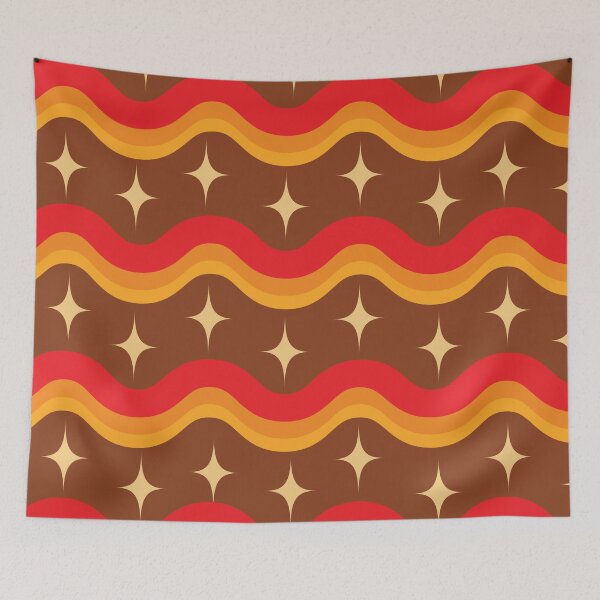 Item preview, Mid century yellow starbursts on retro 70s orange red waves pattern  designed and sold by Yasminepatterns .