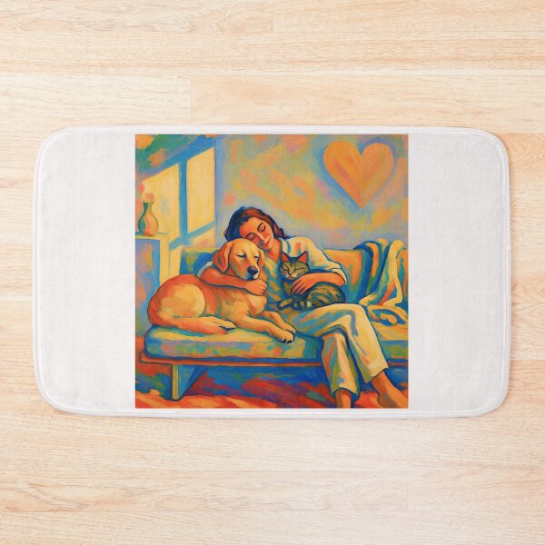 Item preview, Quiet Embrace – Woman, Golden Retriever & Cat in Minimalist Serenity #5 designed and sold by Helios Be. Lavsh.