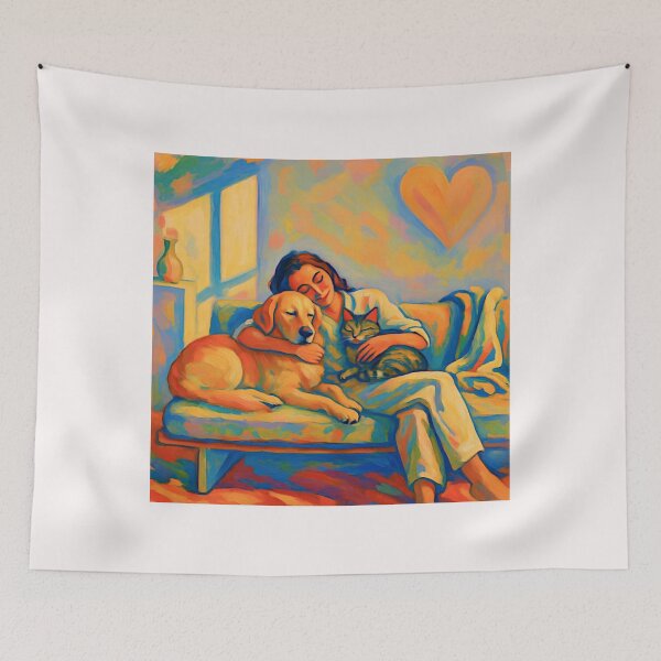 Item preview, Quiet Embrace – Woman, Golden Retriever & Cat in Minimalist Serenity #5 designed and sold by Helios Be. Lavsh.