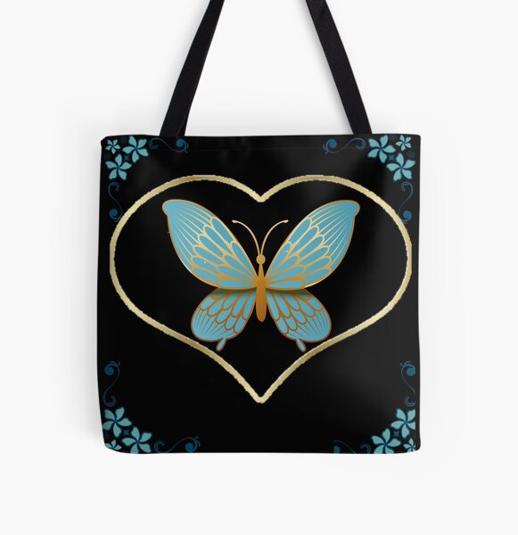 Romantic Butterfly Heart Frame Gold Blue Luxury Decorative Design All Over Print Tote Bag