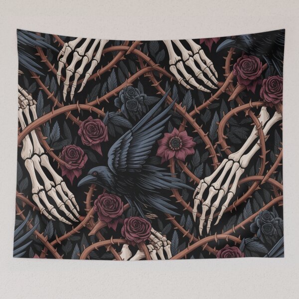 Item preview, Dark Gothic Ravens Skeleton Hands Thorn Roses Seamless Pattern designed and sold by Midnight Veil Designs.