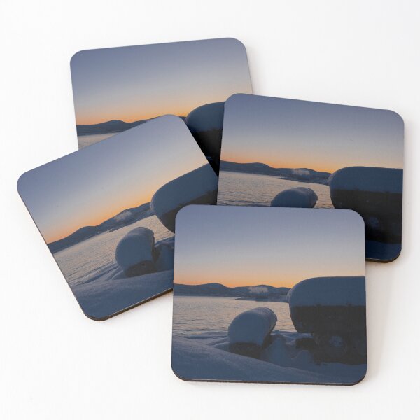 Item preview, Snow-covered benches on the edge of a fjord at sunset designed and sold by Fapila - Moments & Memories.