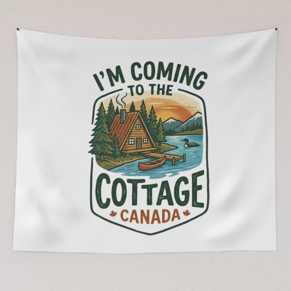 Item preview, Vintage Canada Cottage Life - Retro A-Frame Cabin & Lake Nature Scene designed and sold by Wear Sculpt.