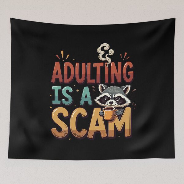 Item preview, Adulting Is A Scam Grumpy Raccoon Coffee Art designed and sold by TshirtsOnline-.