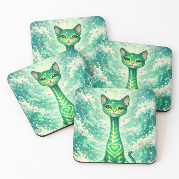 Item preview, Heart Chakra Long Necked Cat – Mid Century Modern Long Neck Cat Waves Spiritual Art designed and sold by chihuahuashower.