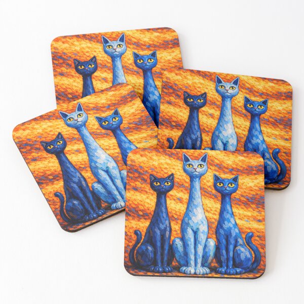 Item preview, Three Long Neck Cats – Blue Stylized Cats Expressionist Cat Art designed and sold by chihuahuashower.