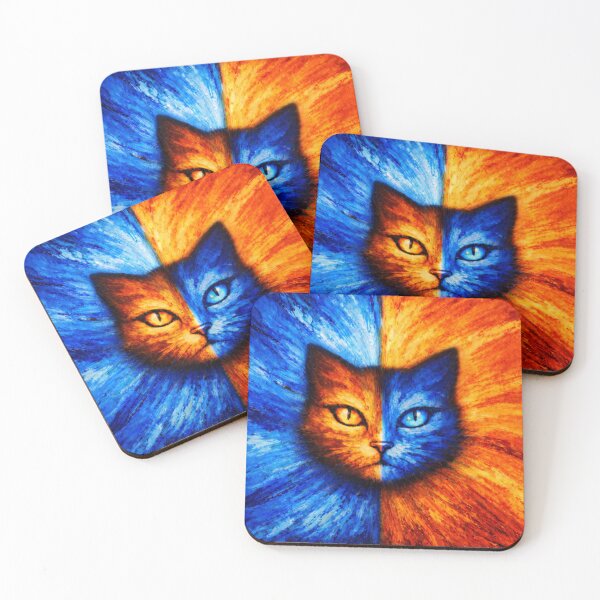 Item preview, Split Colour Cat – Blue and Orange Abstract Expressionist Cat Art designed and sold by chihuahuashower.