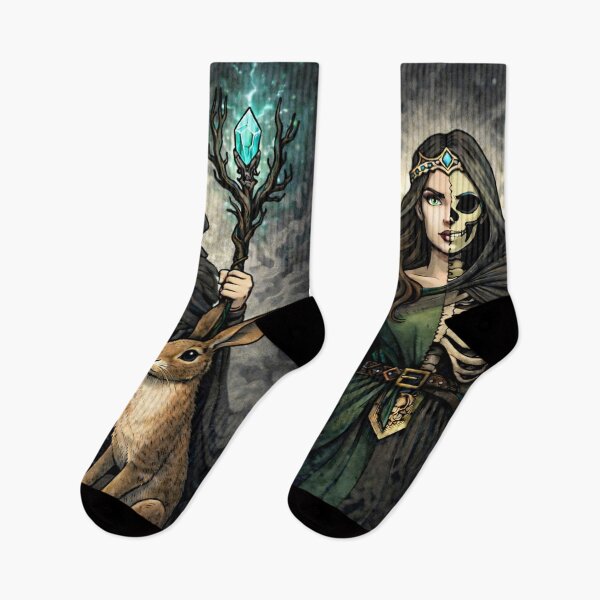 Item preview, Hel Norse Goddess of Death with Hares – Viking Mythology Hel with Seer Staff Illustration designed and sold by chihuahuashower.